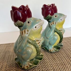 Majolica Frog & Lotus Candlesticks (Vintage, Set of 2)